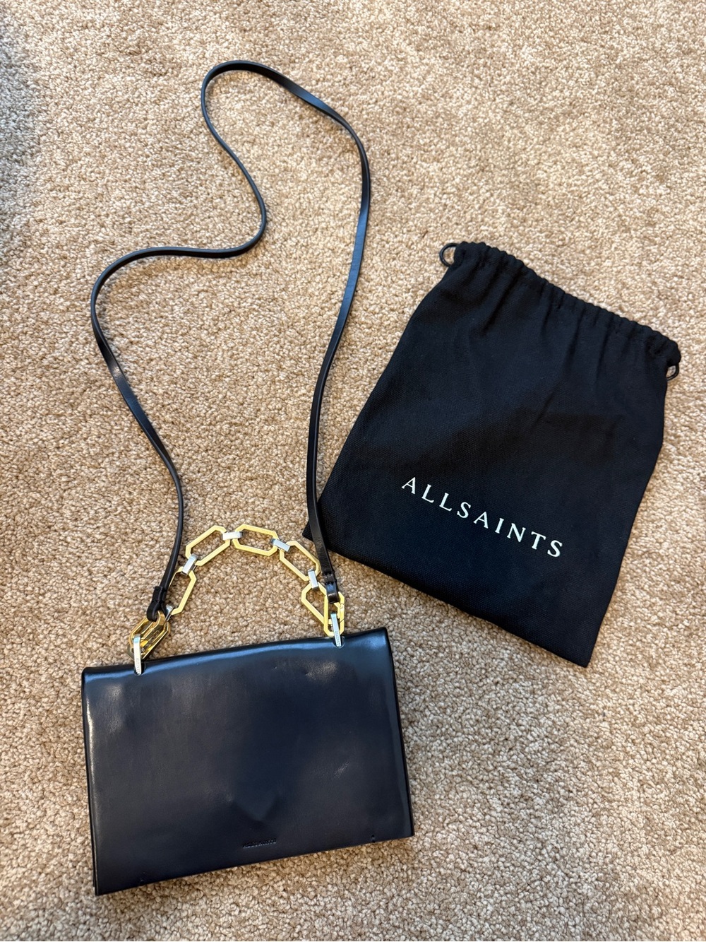 AllSaints Black Leather Clutch with Gold Chain Accent